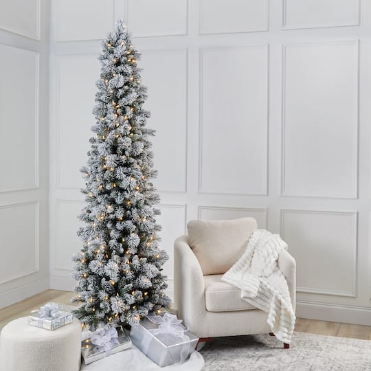 7ft. Pre-Lit Flocked Slim Artificial Christmas Tree, Warm White Twinkle LED Lights by Ashland®